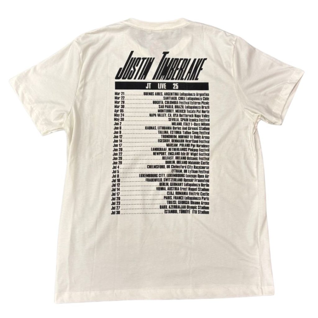 Justine Timberlake - Forget Tomorrow 2025 Tour White T-Shirt Justine Timberlake - Forget Tomorrow 2025 Tour White T-Shirt – תמונה 2